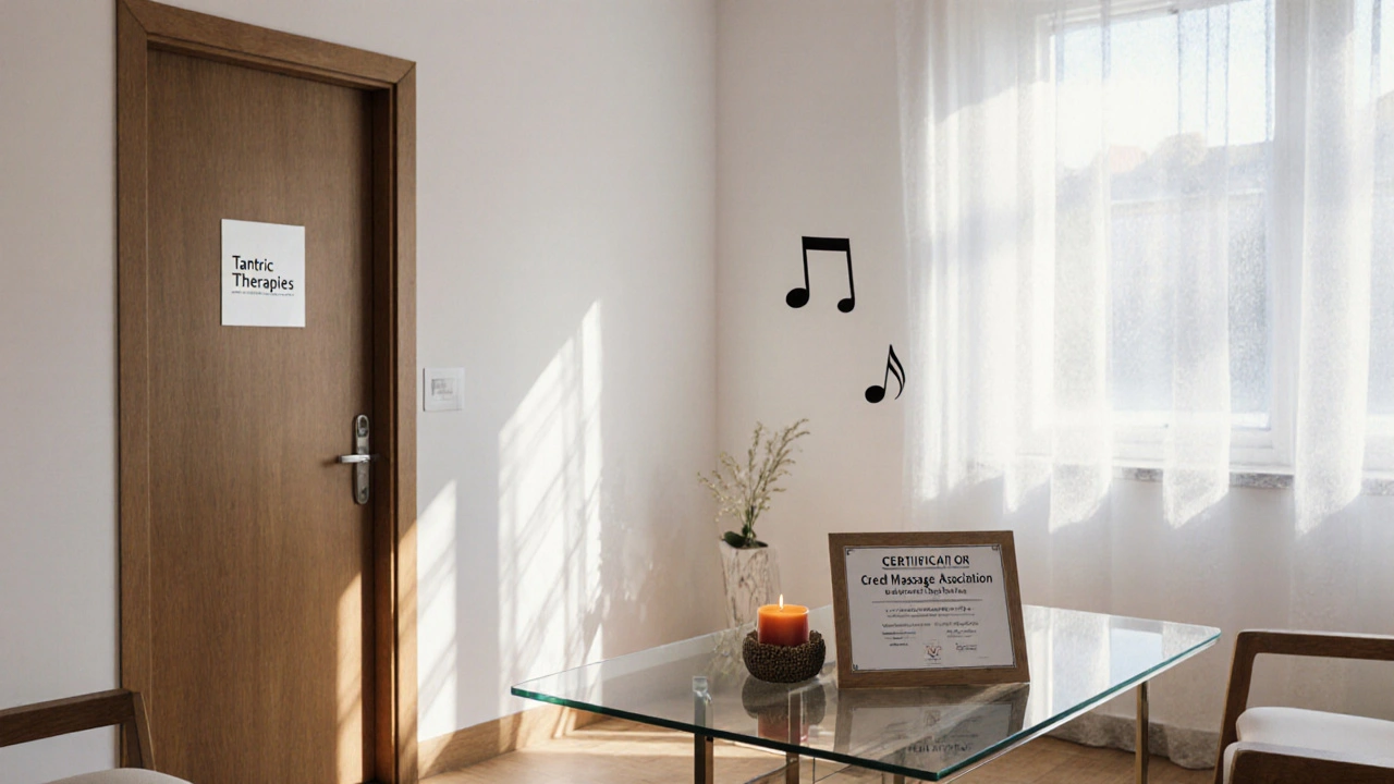 Fotorealistický interiér čistého pražského studia s certifikátem maséra a uklidňující atmosférou.