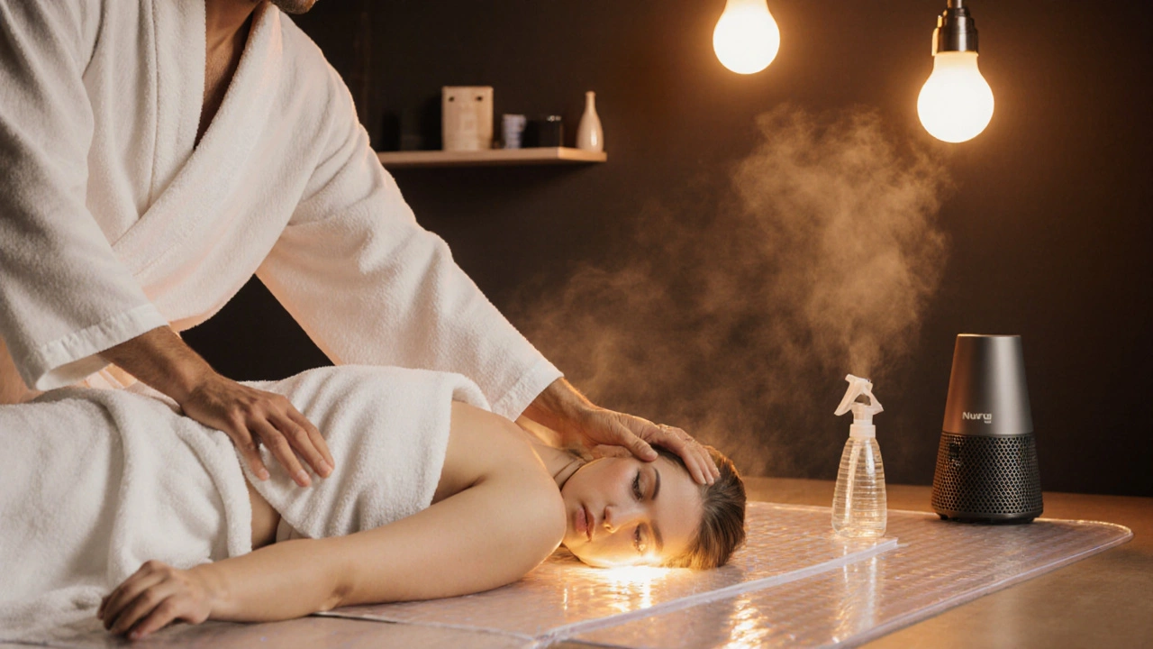 Interiér Nuru masážního studia s lesklým plastovým podkladem a terapeutem.