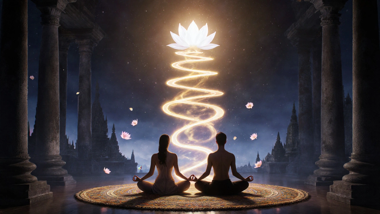 Pár v lotosové pozici, z páteře jim stoupá zlatá spirála Kundalini až k koruně hlavy.