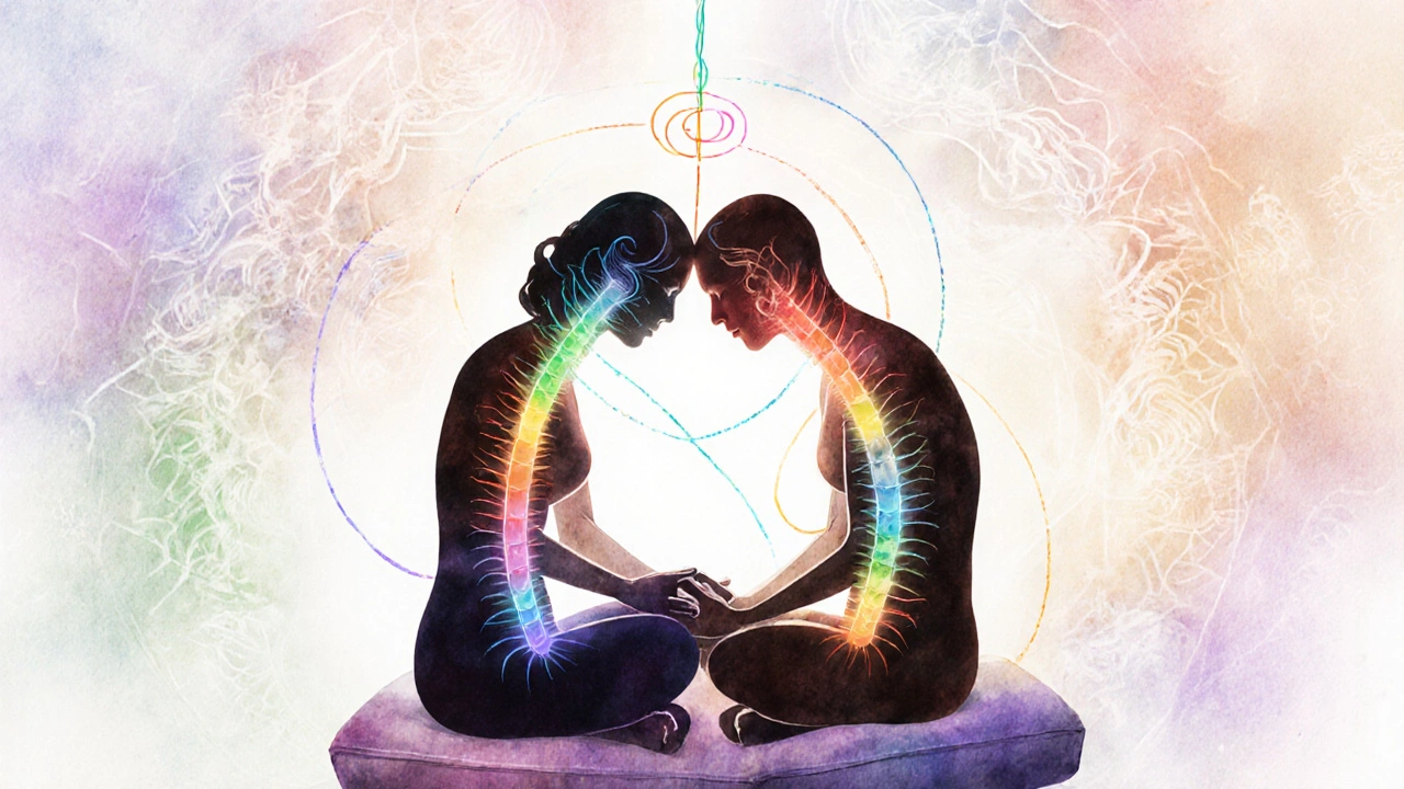 Pár v pozici mladé lásky, oči se setkávají, kolem čaker svítí pastelové barvy a spojuje je energie.