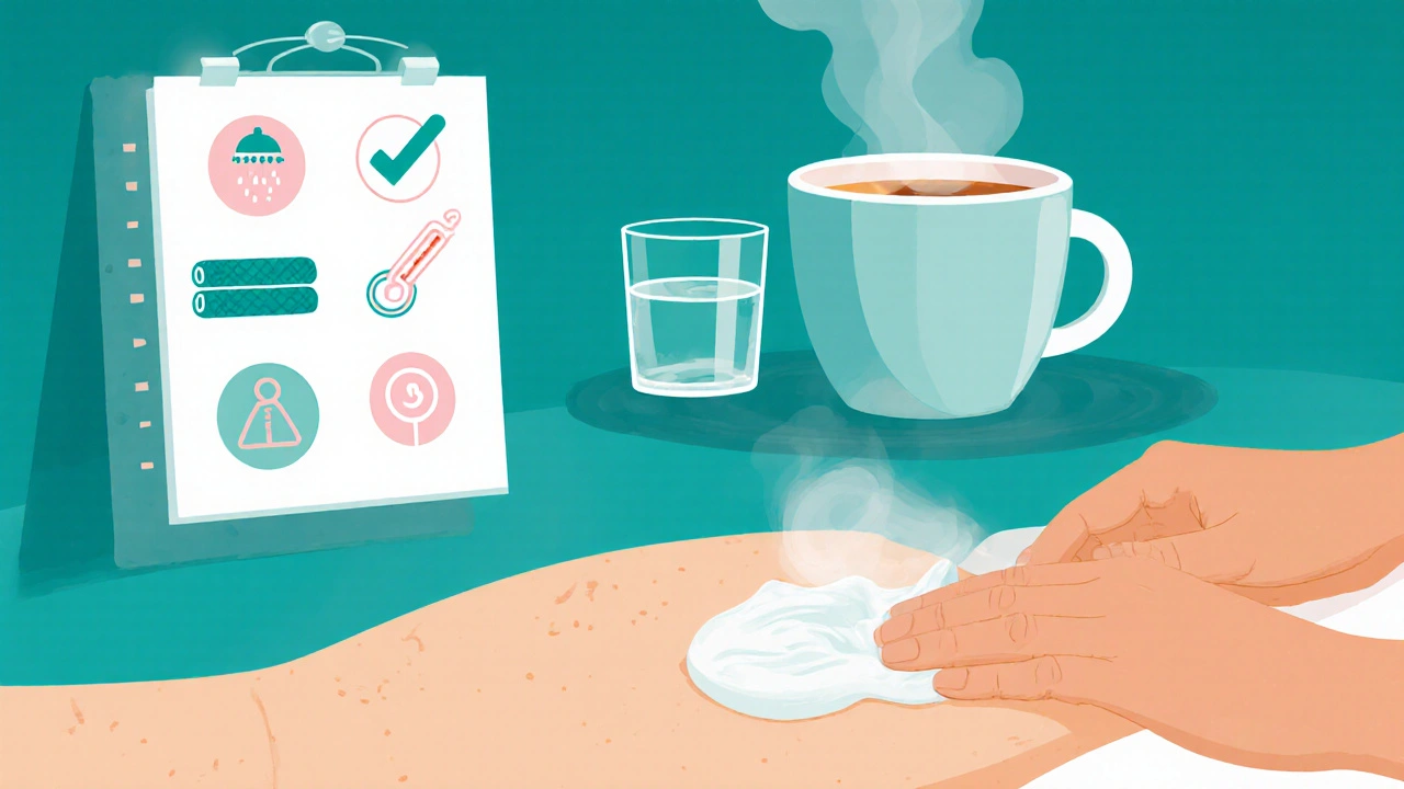 Ruka nanáší hydratační krém po Nuru masáži, vedle čaje a seznamu kroků.