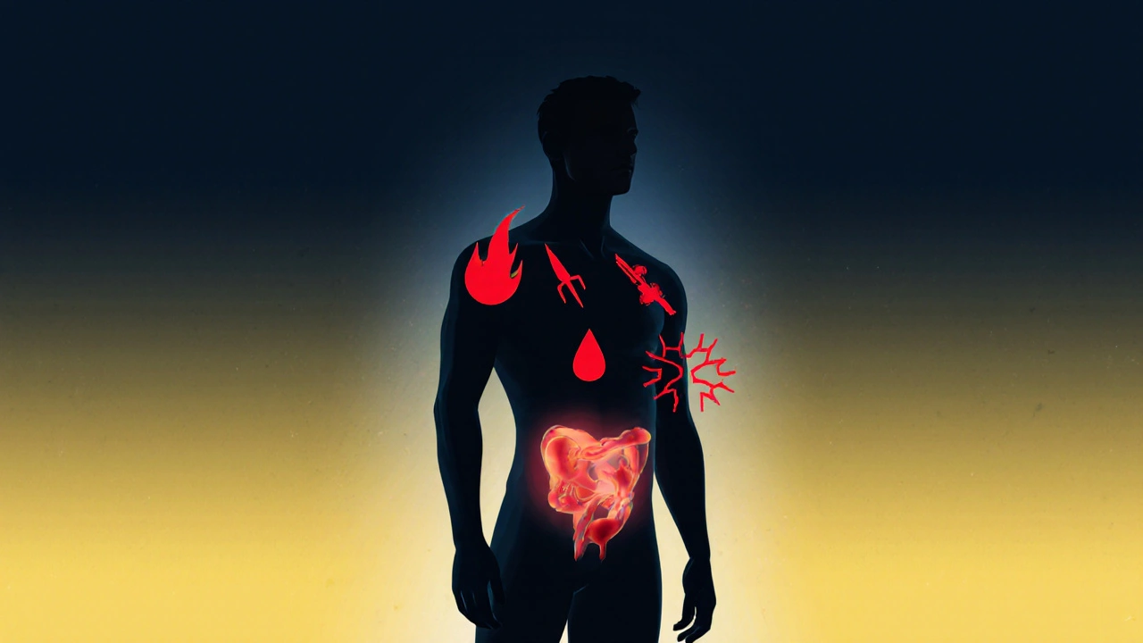 Silhouette with red warning symbols indicating fever, pain, and blood in urine.
