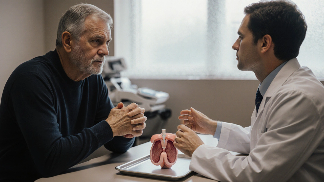 Urologist consulting a patient beside a prostate model in a clinic exam room.