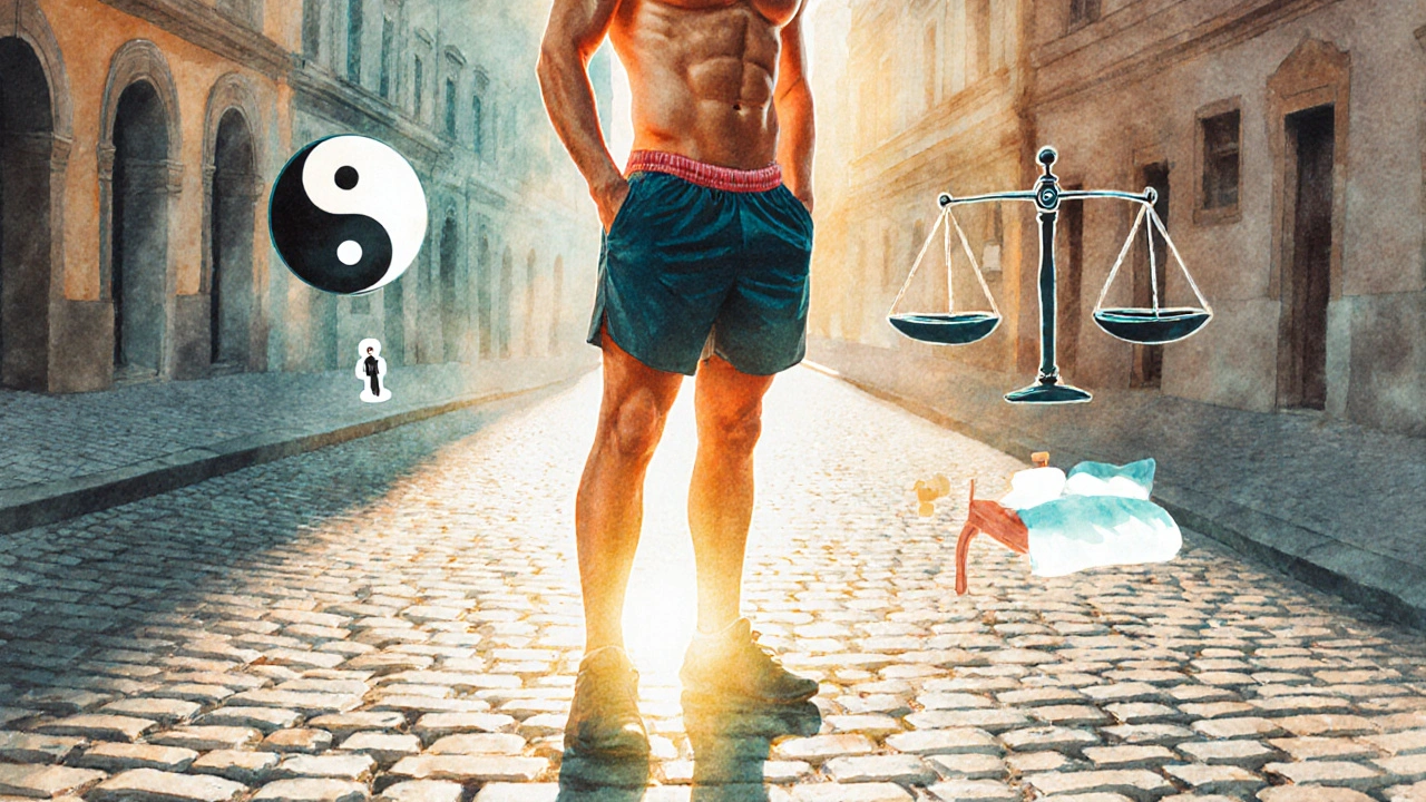 Vodová malba muže v Praze, vyzařující energii a rovnováhu po masáži varlat.