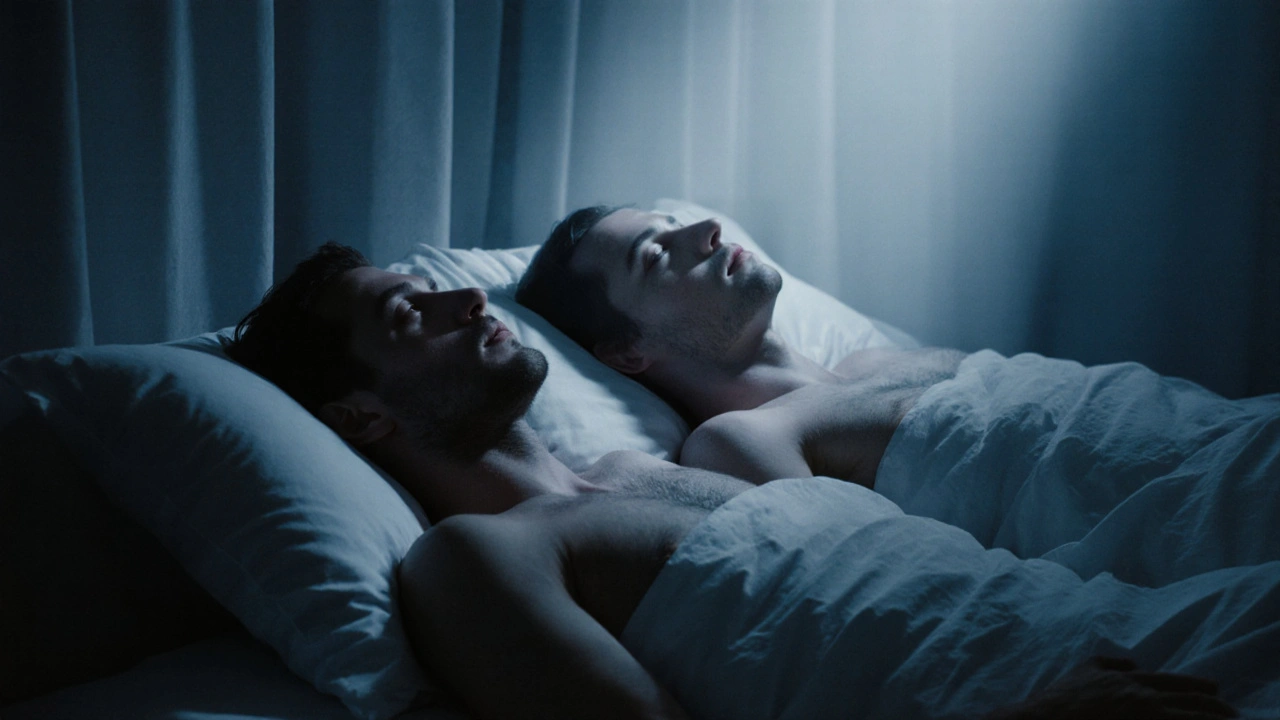Dva lidé leží vedle sebe v posteli, klidně se dívají do tmy, bez fyzického kontaktu.