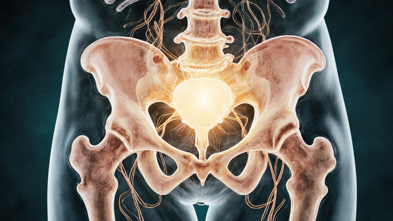 Křížový řez pánve s rozsvícenou prostatou a proudy energie symbolizujícími uvolnění svalů.