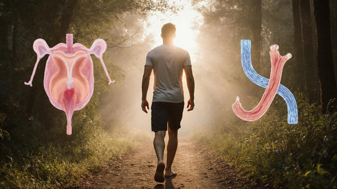 Muž chodí po lesní cestě na ranním světle, symbolizující pohyb a prevenci prostatitidy.