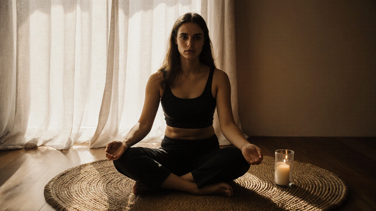 Osoba po tantrické masáži sedí v klidu, slzy na tváři, oči otevřené, v tichém stavu vnitřního přeměnění.