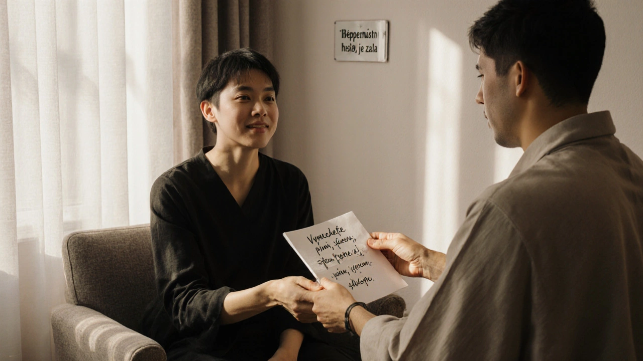 Osoba předává masérovi papír s napsanými hranicemi, za nimi je signál bezpečnostního hesla.