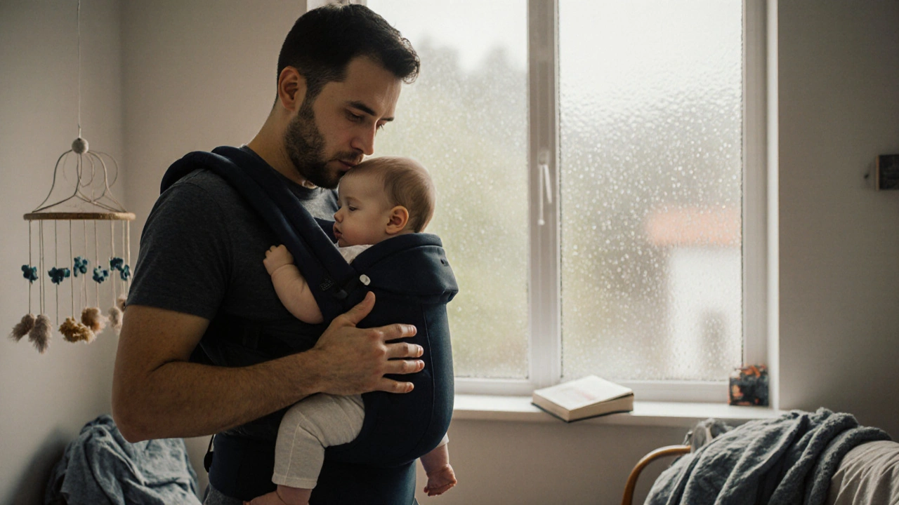 Otec jemně dotýká dítěte na zádech při nosení v kapse, oba jsou klidní a přítomní.