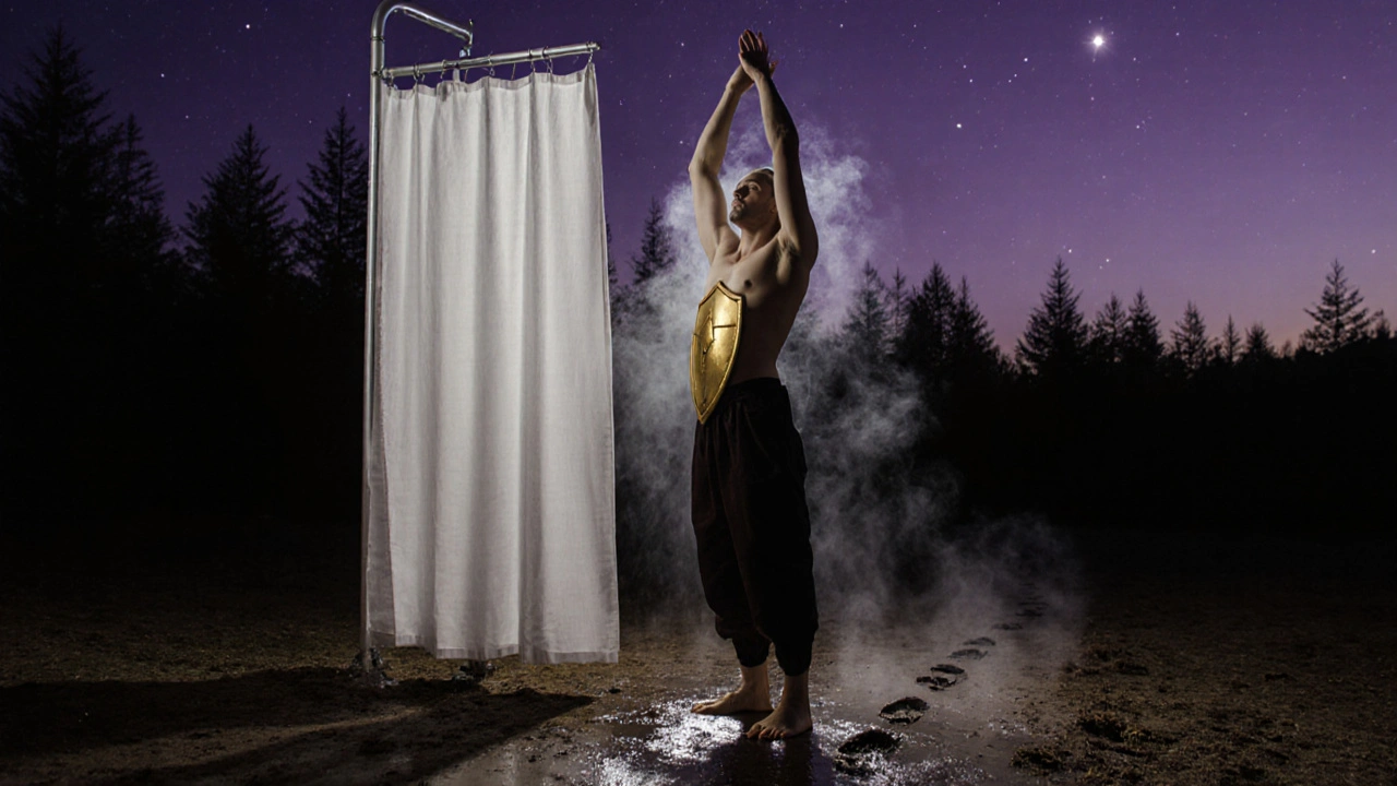 Praktikující bosý na mokré zemi po masáži, s tenkým zlatým štítem a mlhou vznikající z těla.