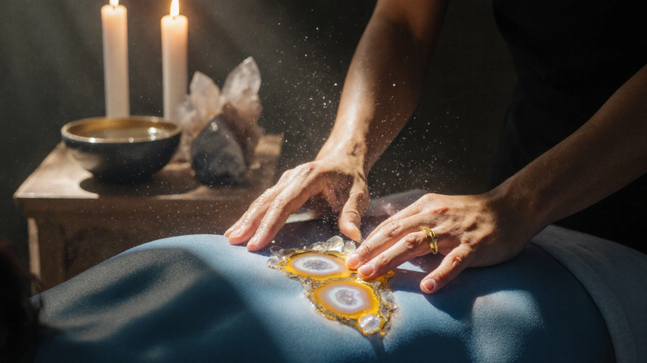 Ruce aplikující olej s křemenem a achátem, s viditelným zlatým světlem a ochranným štítem.