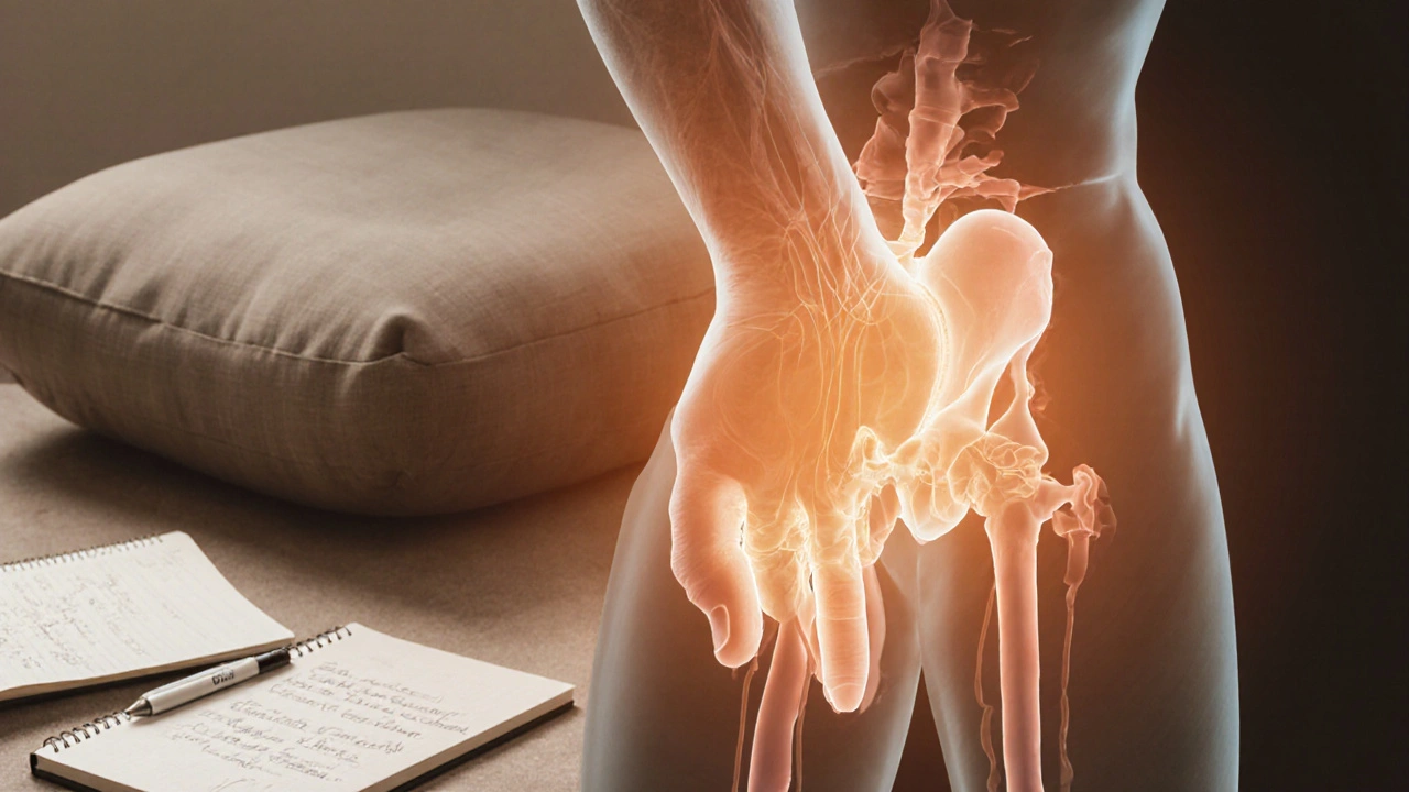 Ruka muže provádí cvičení PC svalu s jemným zvýrazněním svalové aktivity.