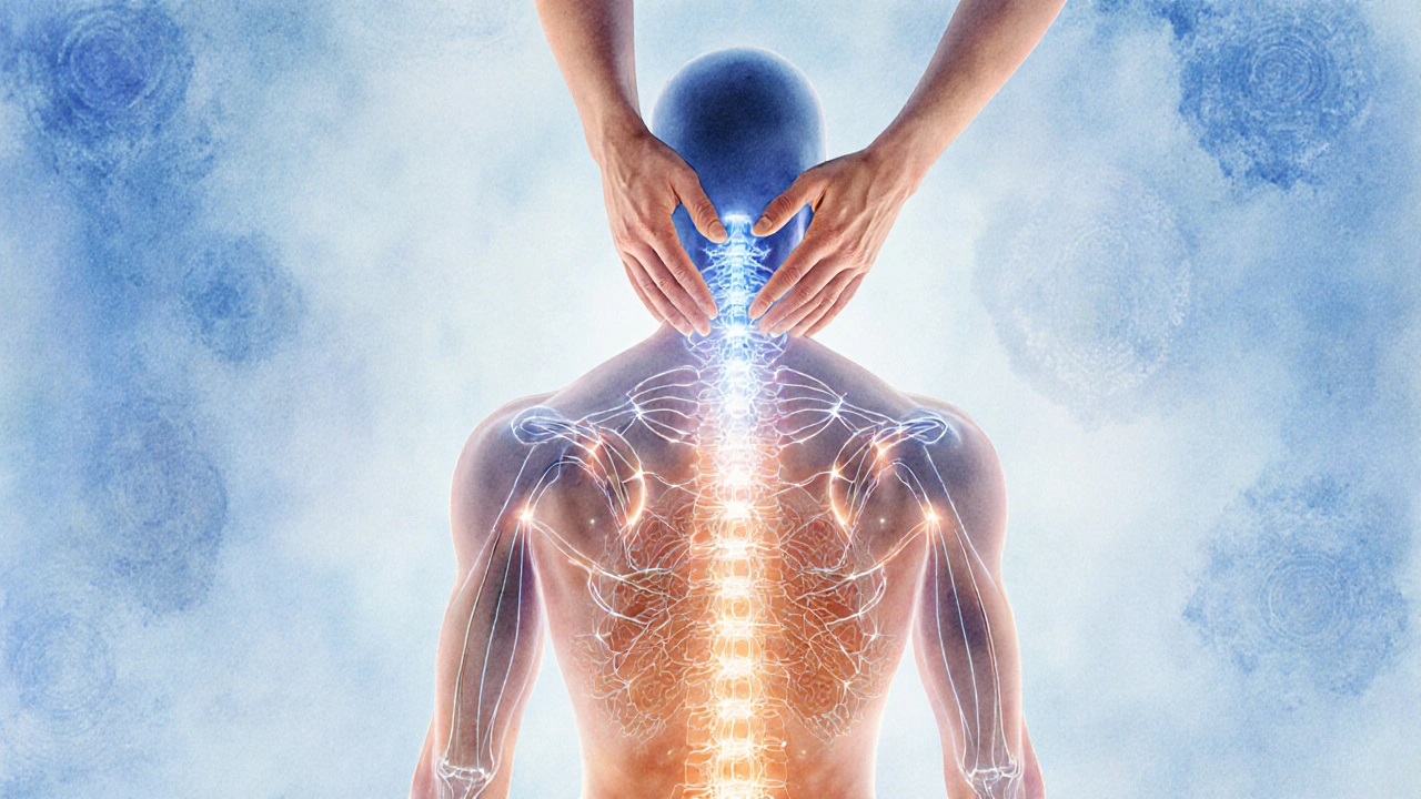 Tělo s vykreslenými energetickými linkami spojujícími nohy, páteř a hlavu.