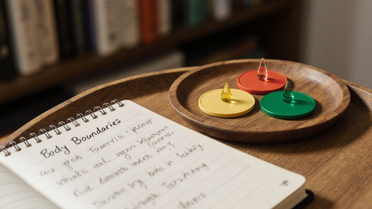 Tři barevné tokeny na dřevěném podnosu vedle sešitu s poznámkami o hranicích.