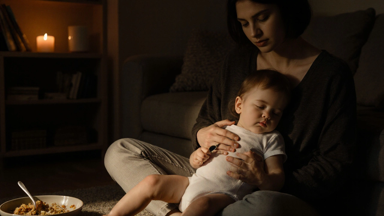 Učená matka masíruje dítěti záda, když spí na její hrudi v obývacím pokoji večer.