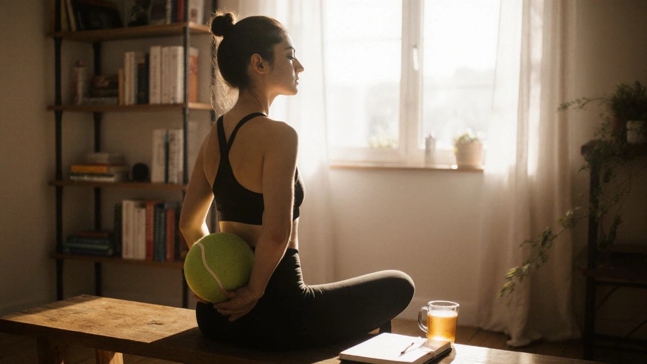 Žena používá tenisový míček k samomasaži mezi lopatkami ve světle rána.