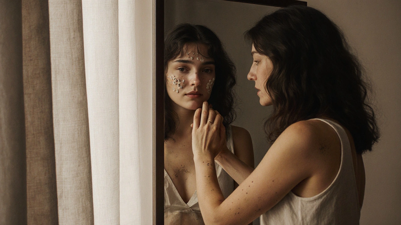 Žena se dotýká svého těla před zrcadlem, vidí svůj tvar s přijetím a mírem.