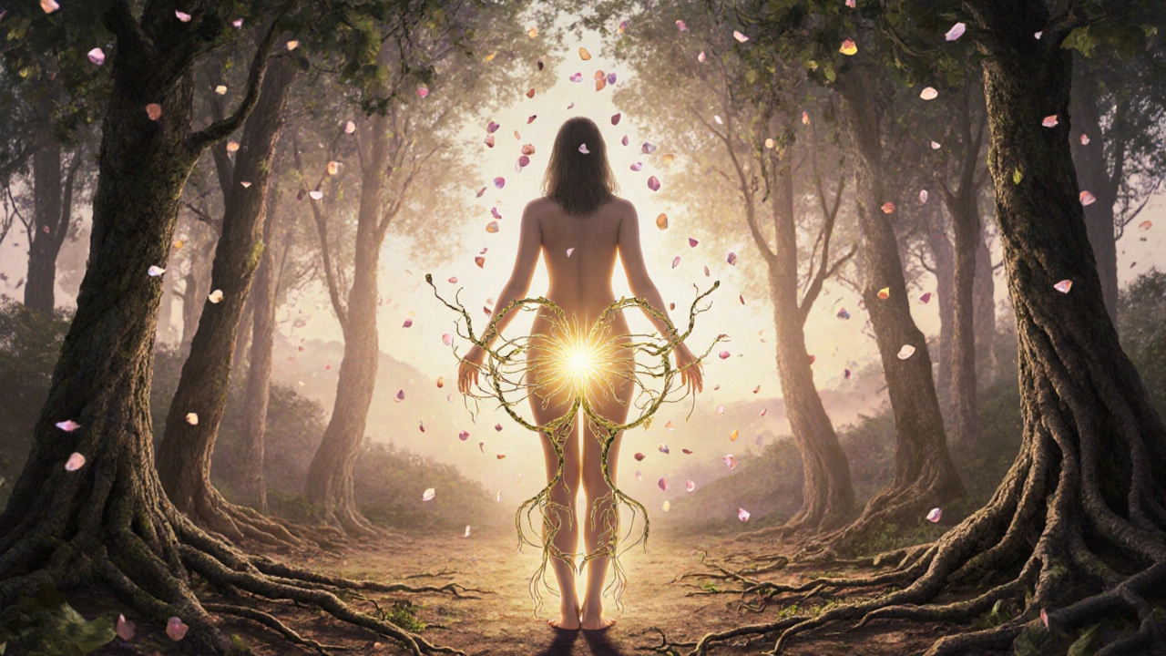 Žena stojí v lese, z jejího těla vychází zlaté světlo, symbolizující přijetí sebe sama.