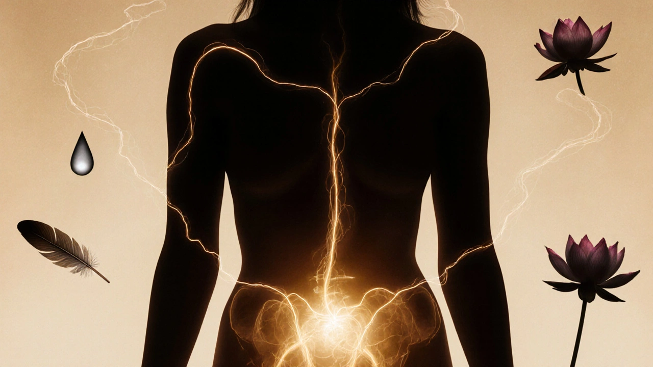 Zvýrazněná silueta ženy s teplým zlatým zářením v oblasti pánve, symbolizující obnovu energie a uvolnění napětí.