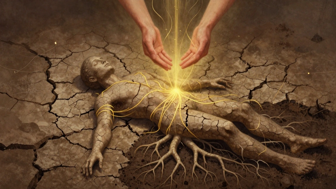 Abstraktní tělo z prasklé země, které se pomalu uzdravuje zlatými vlákny energie.