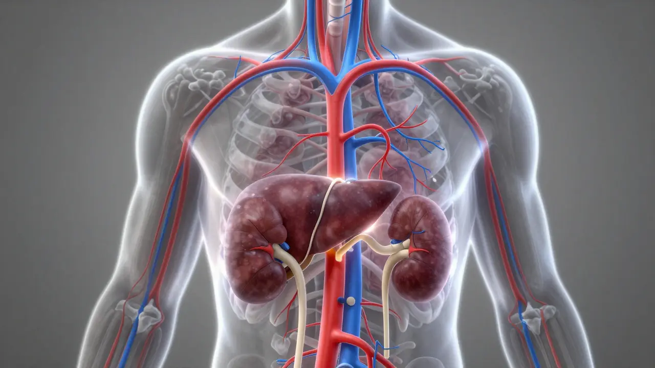 Lidské tělo v průřezu s vyznačeným prouděním krve a lymfy směrem k játrům a ledvinám.