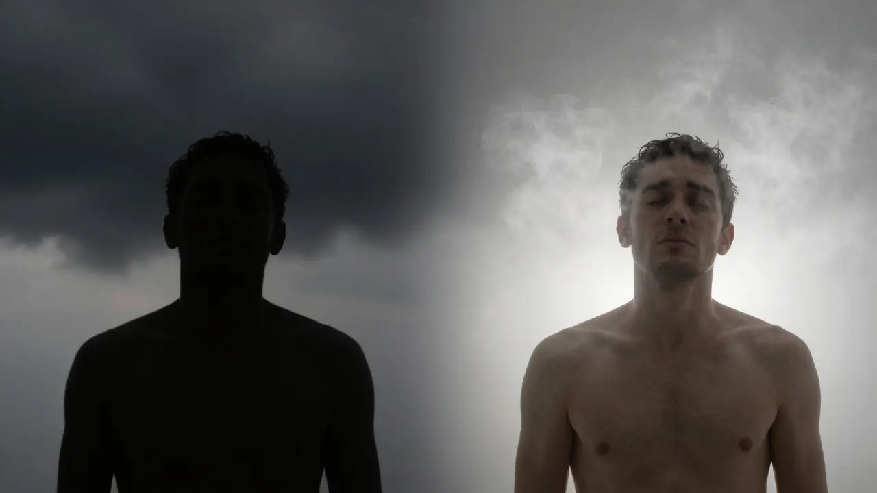 Před a po: napjatá postava s temnými oblaky vs. uvolněná postava s jemným výparou stresu.