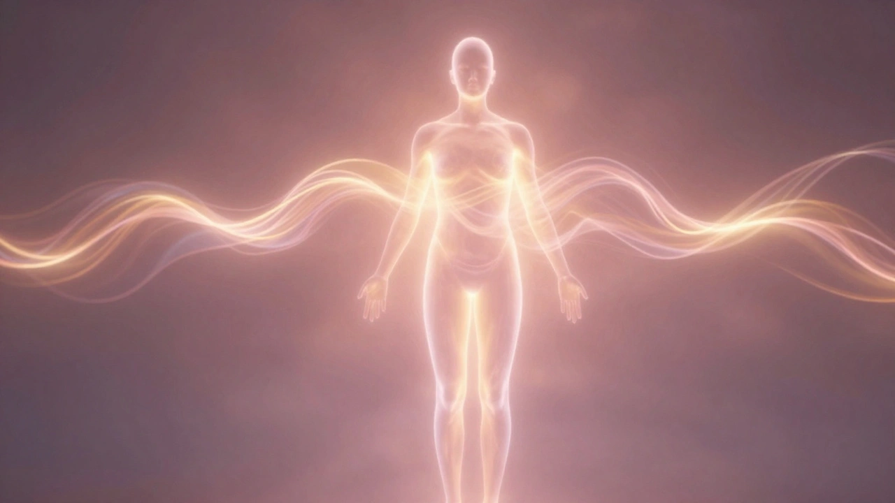 Průhledný lidský obraz s proudy světla, které se šíří celým tělem, symbolizující hluboké, nepřerušované vzrušení.