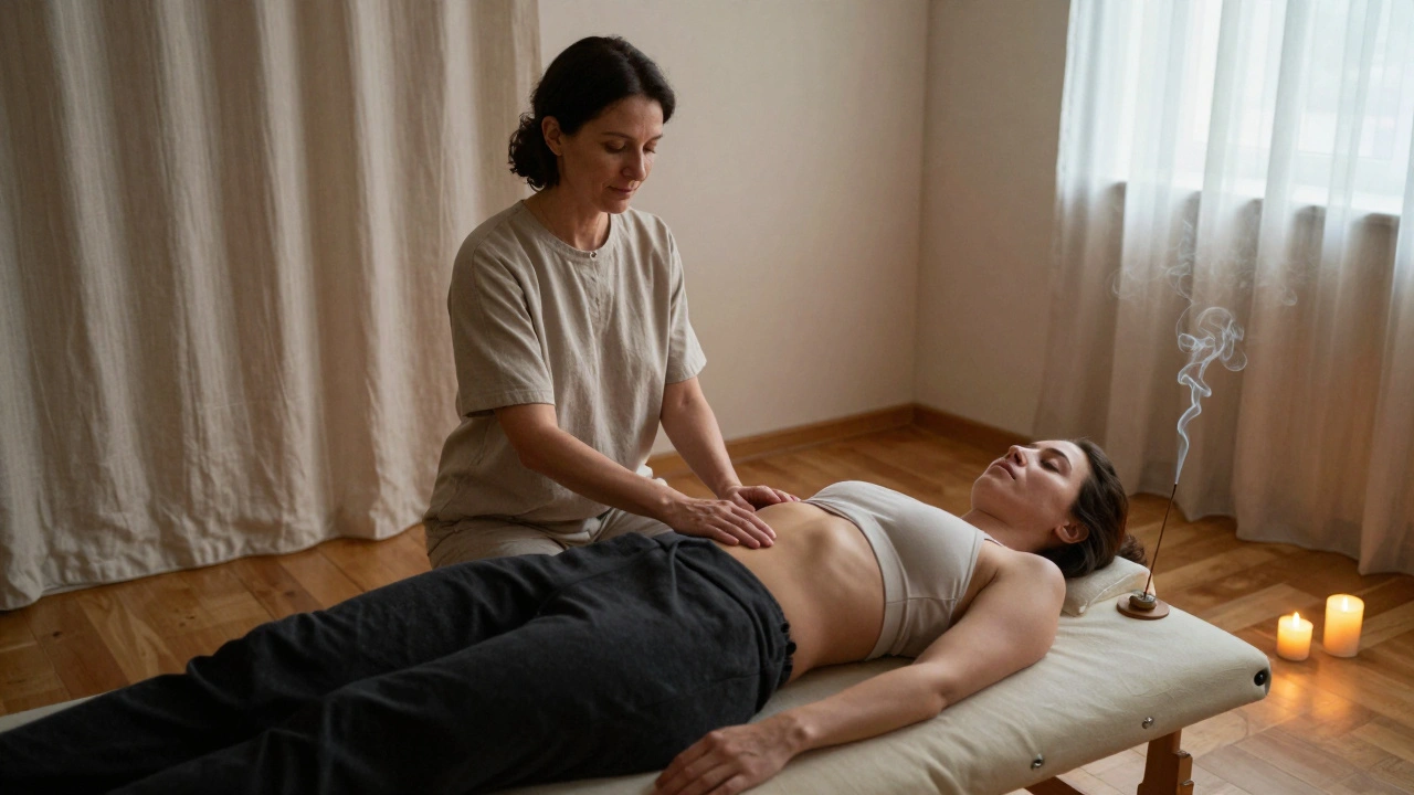 Tantrická masáž v klidném prostředí, terapeut a klient sedí v synchronním dechu.