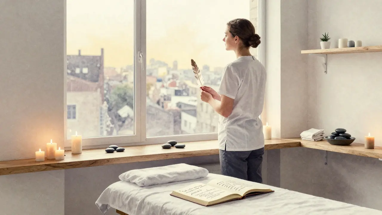 Masér stojí v tichém studiu na ranním světle, drží peří a zamyšleně hledí ven, kolem něj klidné zbytky masáže.