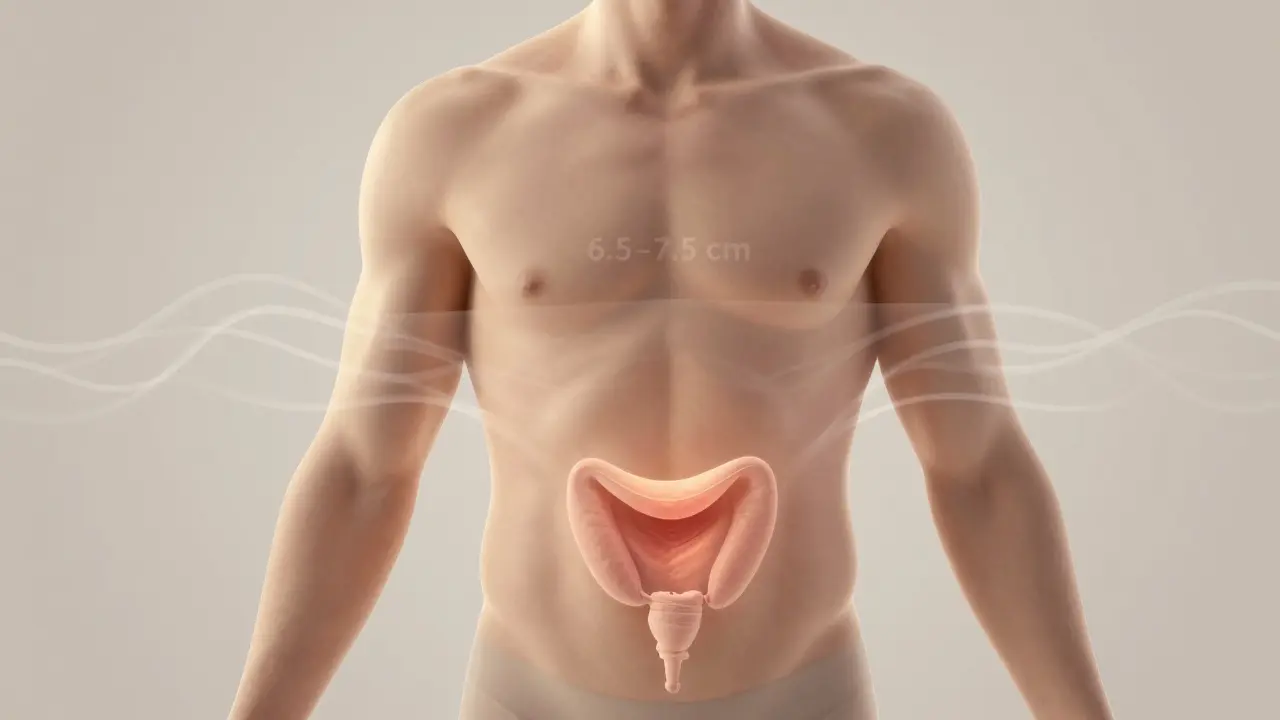 Průřez těla s vysvětlenou prostatou na správné hloubce a rytmickým dýcháním.