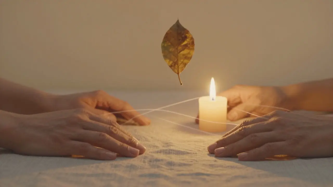 Ruce na lněné tkanině s jemnými energetickými čarami a svíčkou, symbolizující tantrickou přítomnost.