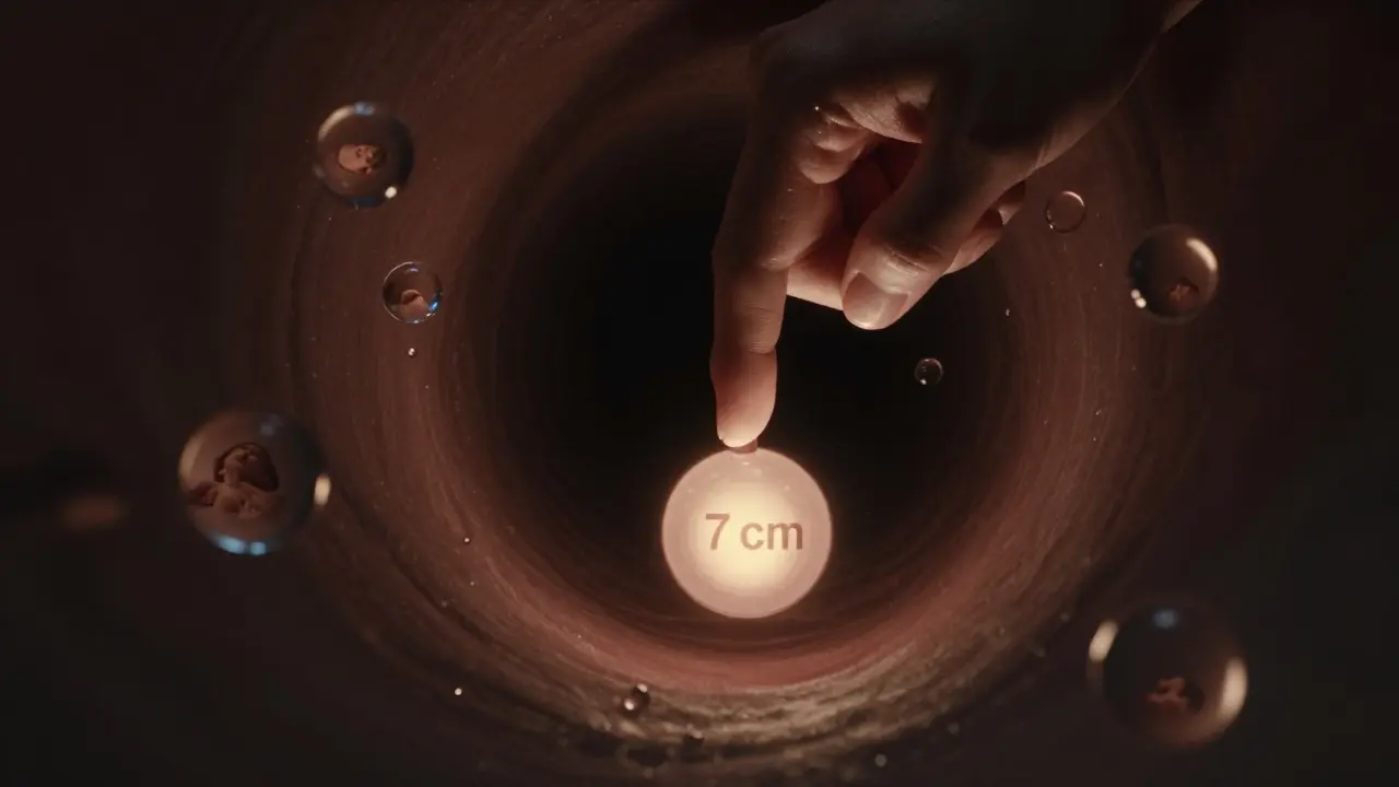 Rukou vstupující do temného kanálu, kde září prostata, kolem kapky lubrikantu.