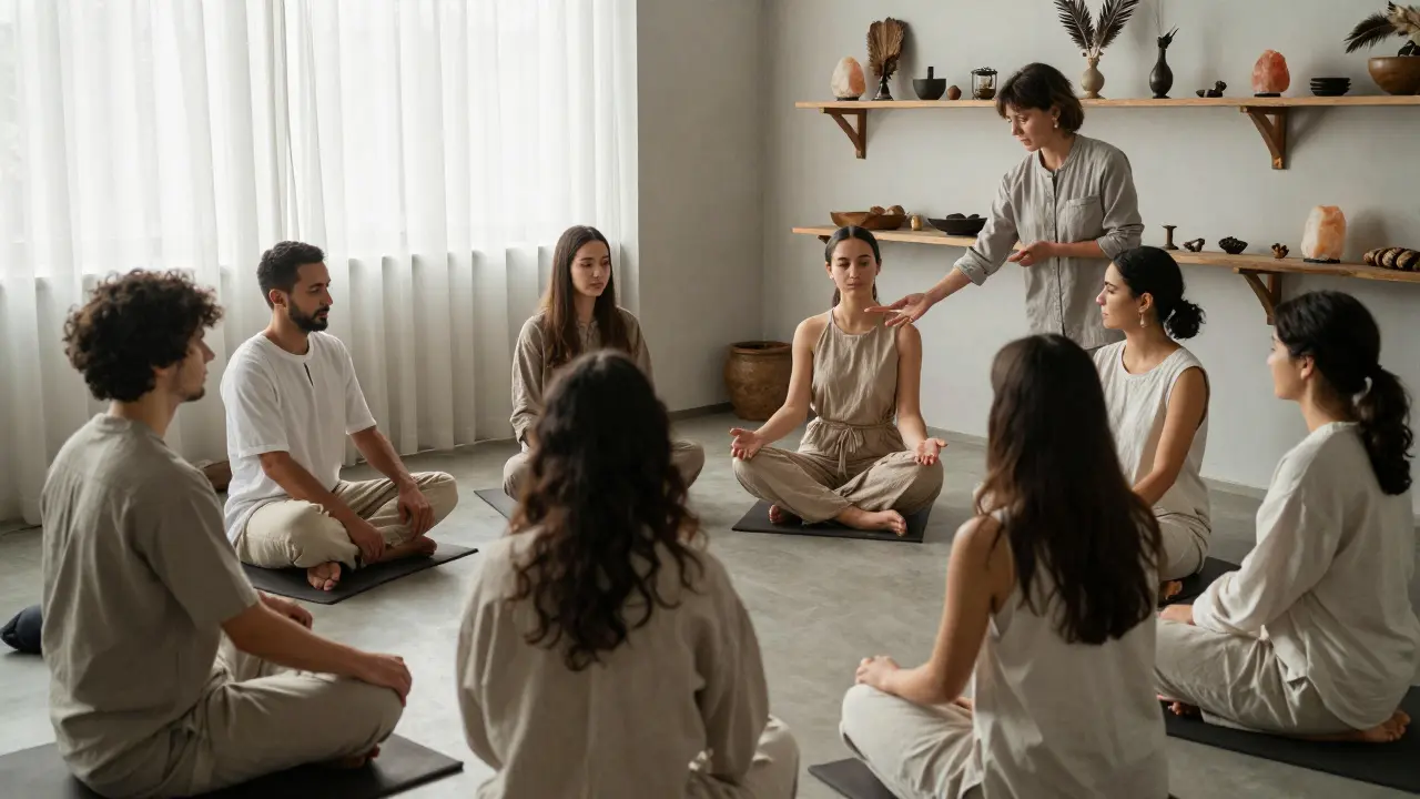 Skupina studentů pozoruje instruktora během kurzu tantrické masáže, kde jsou vidět rituální nástroje jako peří a teplé kameny.