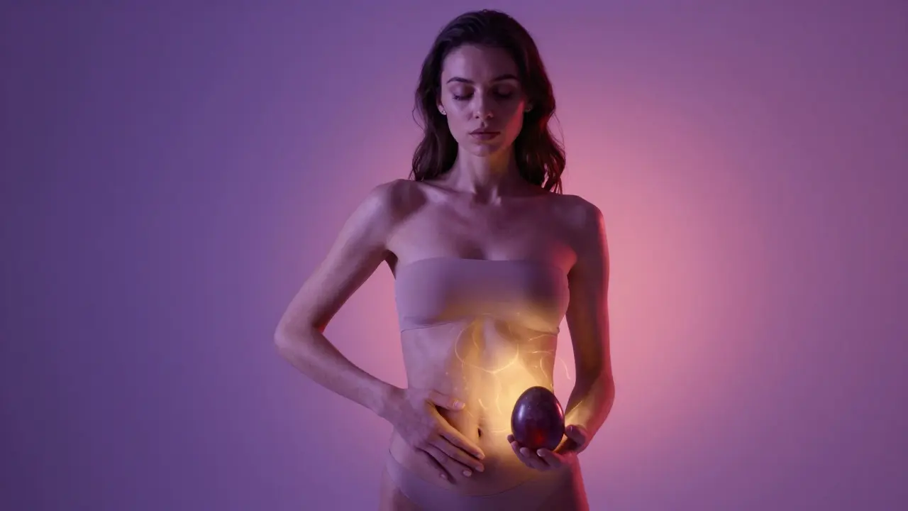 Žena drží yoni vajíčko v ruce během ovulace, tělo v klidu, atmosféra klidné síly.