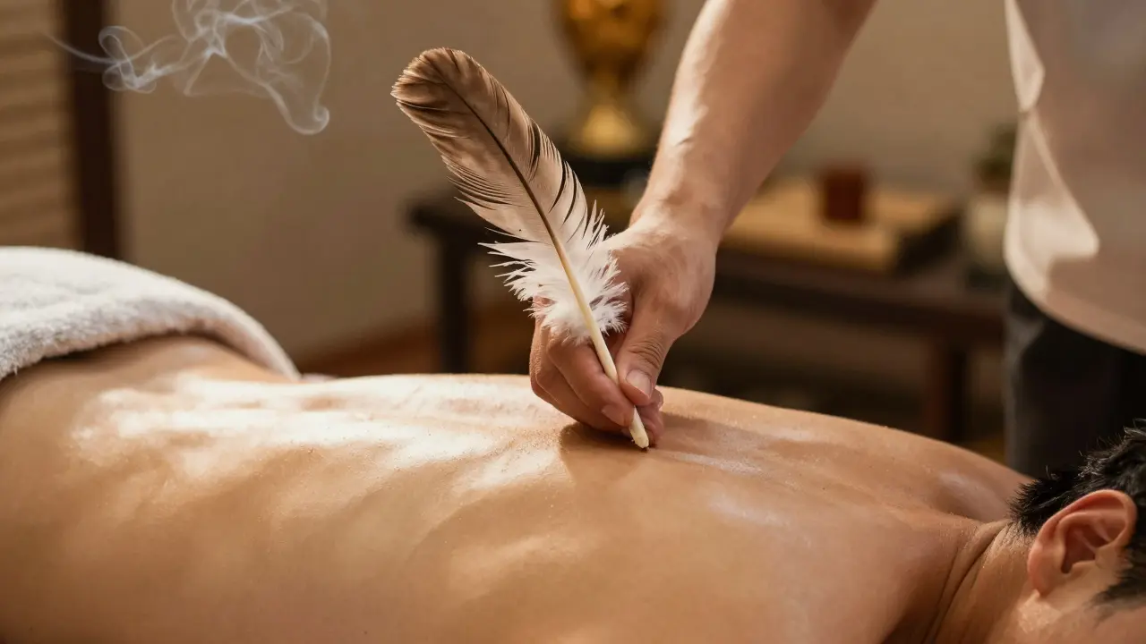 Masérka drží peříčko nad zády klienta, který klidně zavřel oči.