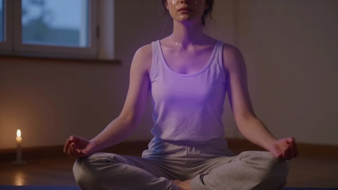 Osoba po tantrické masáži v meditaci, jemná fialová aura kolem hrudníku, svíčky jako jediné osvětlení.
