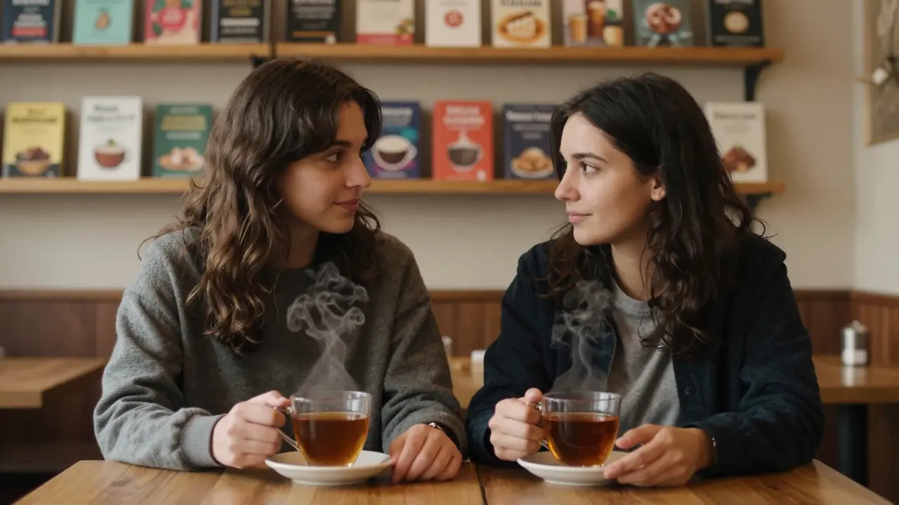 Pár sedí ticho spolu s čajem, neviditelně spojeni přítomností, ne slovy.