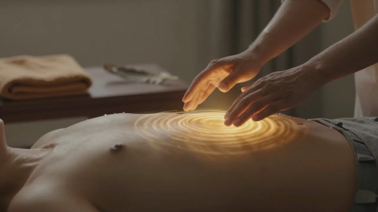 Praktikující ruky nad břichem pacienta, jemné záření vycházející z kůže, bez fyzického kontaktu.