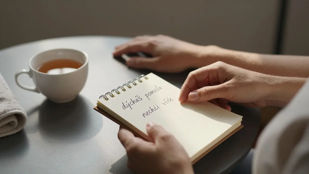 Ruce držící sebepoznání: jedna na hrudi, druhá s poznámkami o dýchání a hranicích.