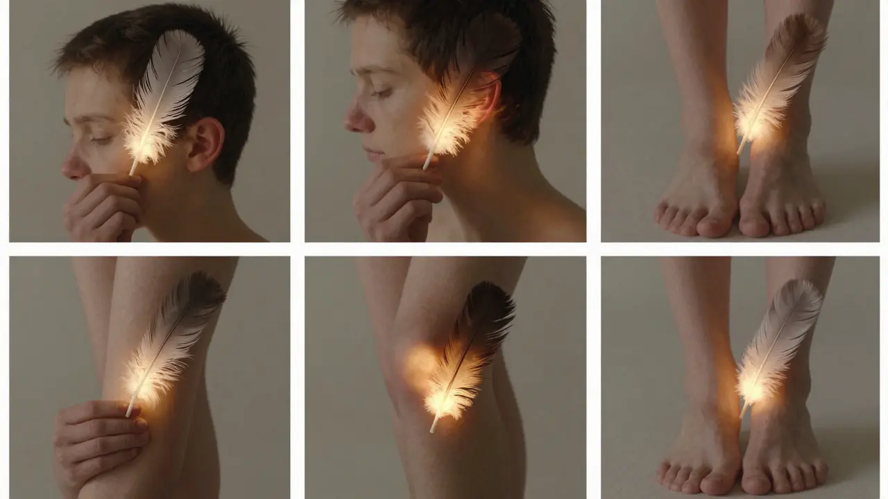 Šest citlivých oblastí těla, každá jemně dotčena peříčkem, v evokativních detailních scénách.