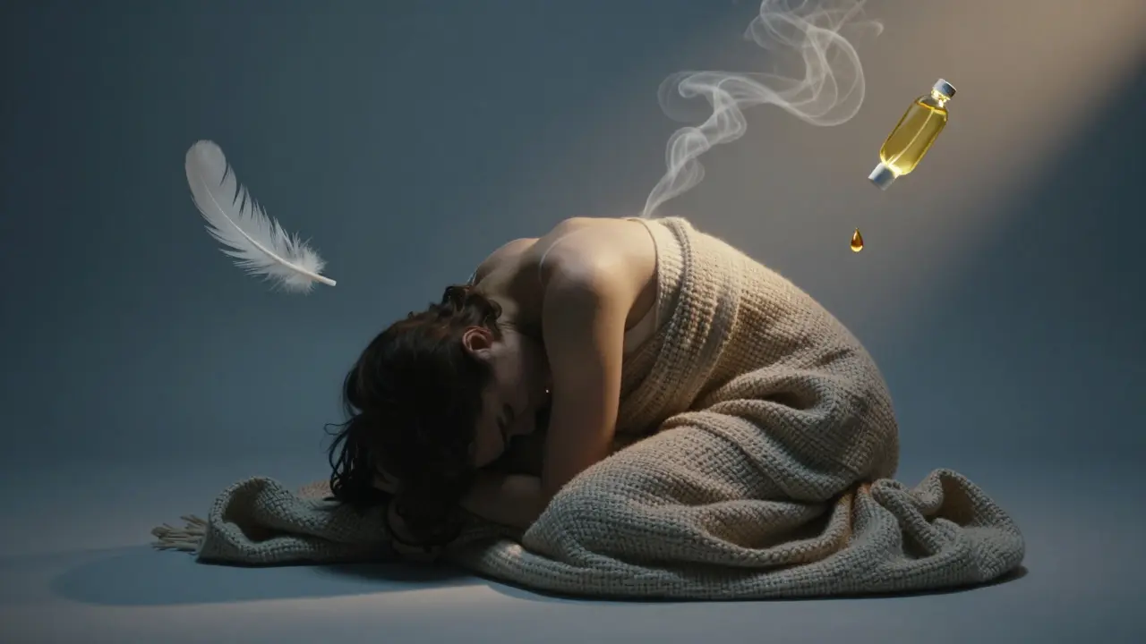 Symbol bezpečí: osoba pod dekou, obklopena jemnými prvky dýchání a tepla.