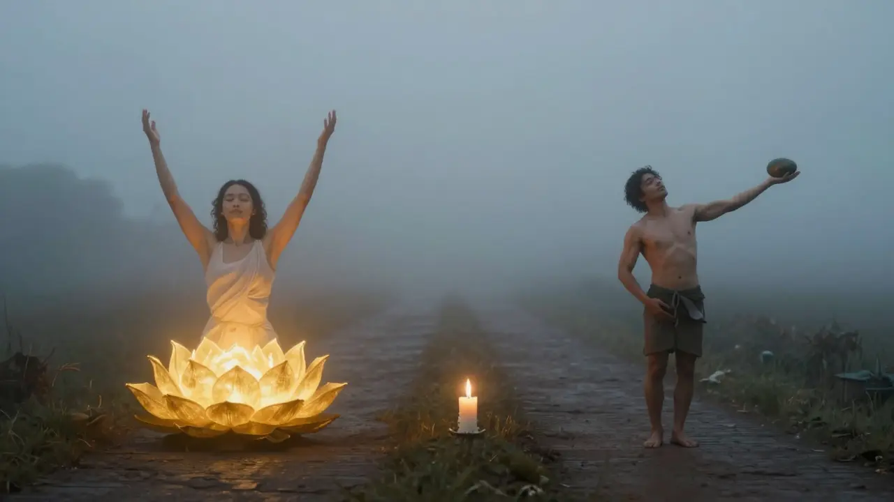 Symbolický obraz dvou cest: jedna vede k emocionálnímu překročení, druhá k fyzické úlevě.