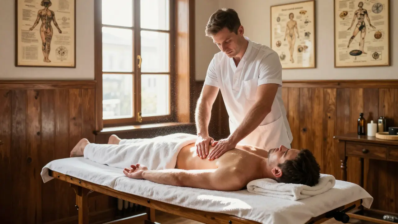 Tradiční masáž v českém lázeňském salonu s terapeutou v bílém oblečení.
