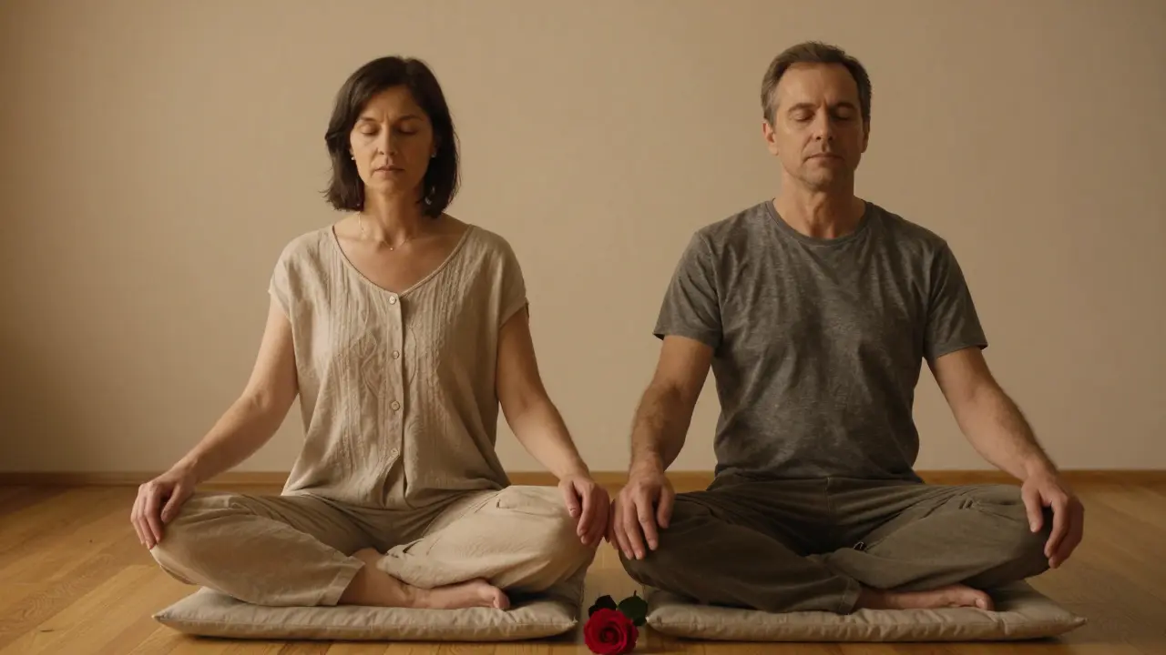 Dva partneři sedí spolu, dýchají v tichosti, ruce se dotýkají, bez cíle, jen přítomnost.