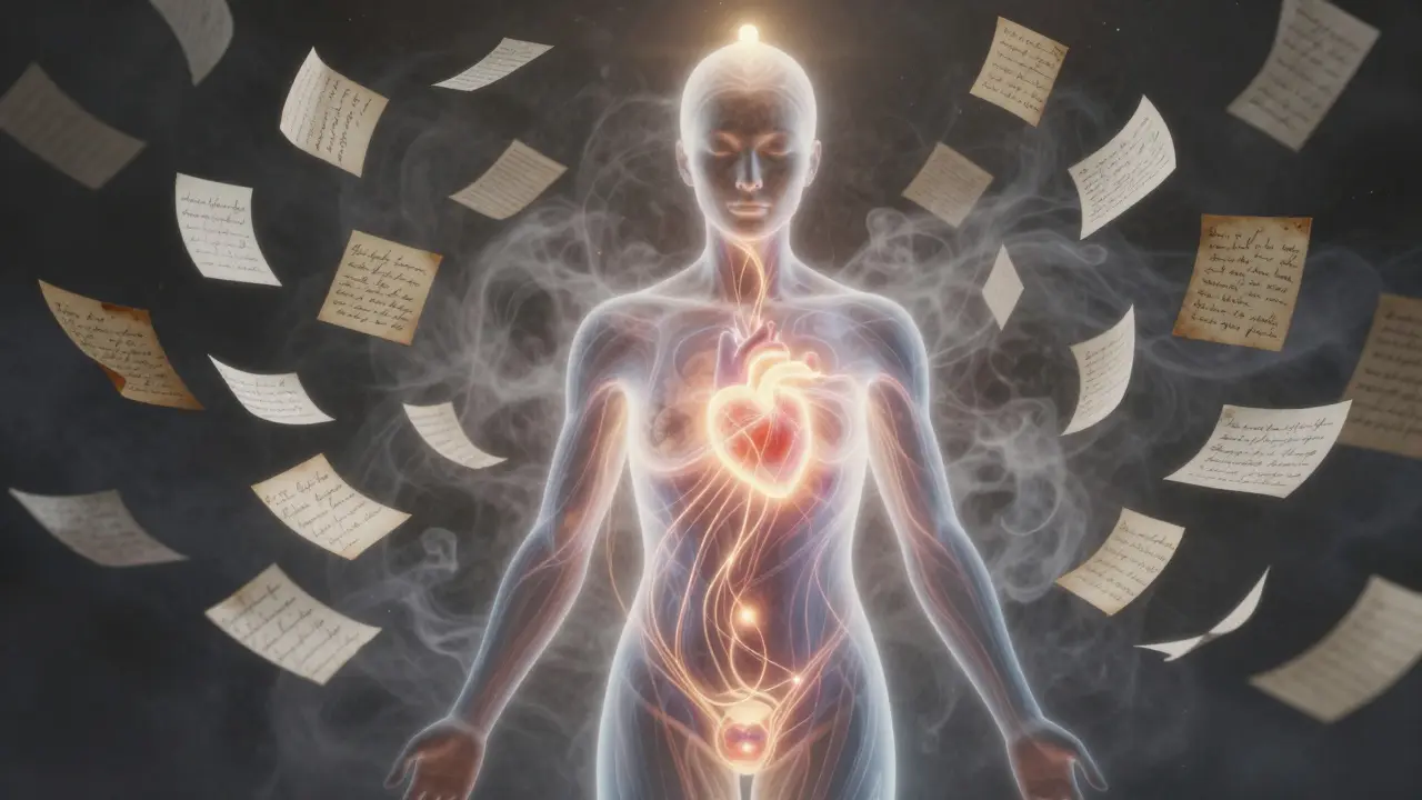 Lidský tvar s průhlednými energetickými toky a letícími zápisy, symbolizující integraci prožitků po tantrické masáži.