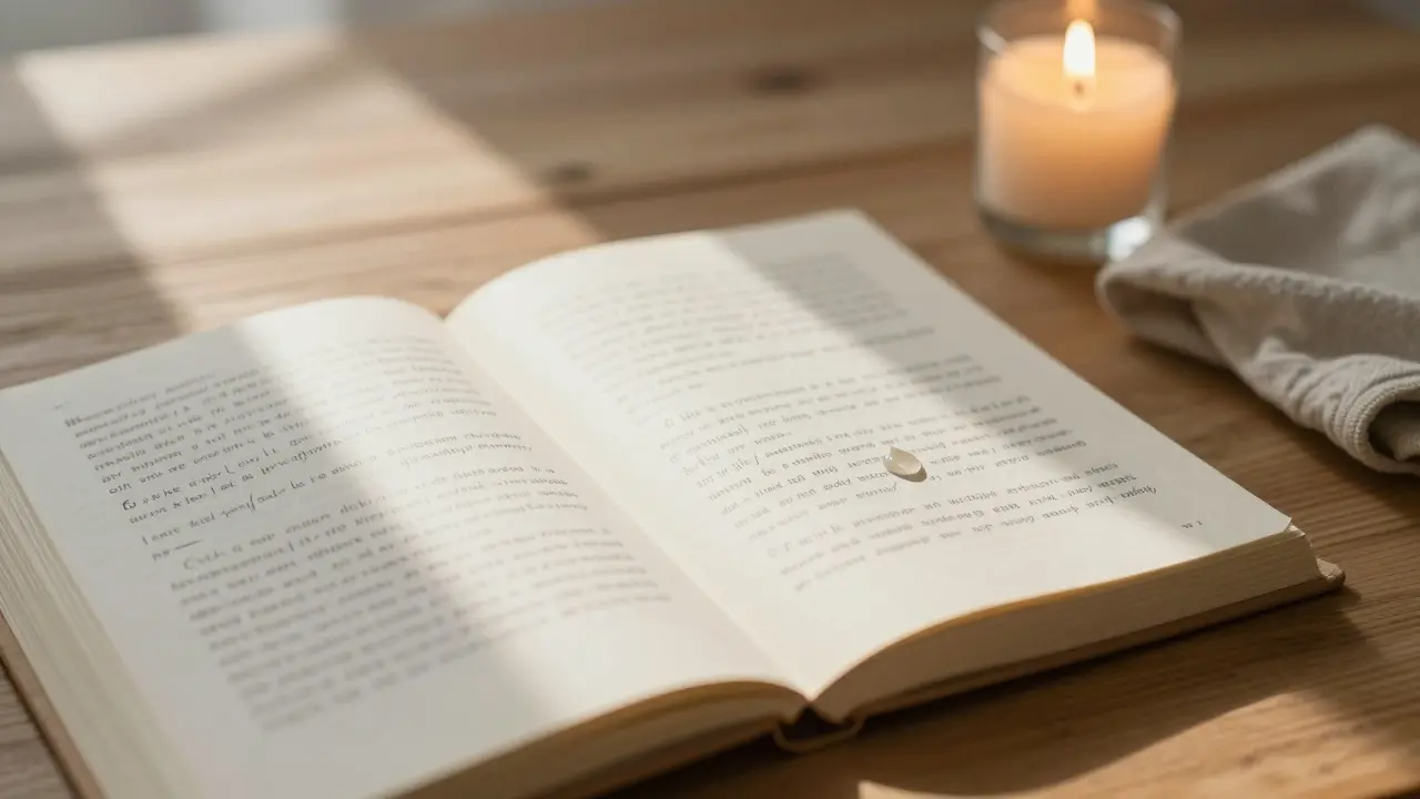 Otevřený deník s ručně psanými zápisy, svíčka a slzy na papíře, klidná atmosféra rána.