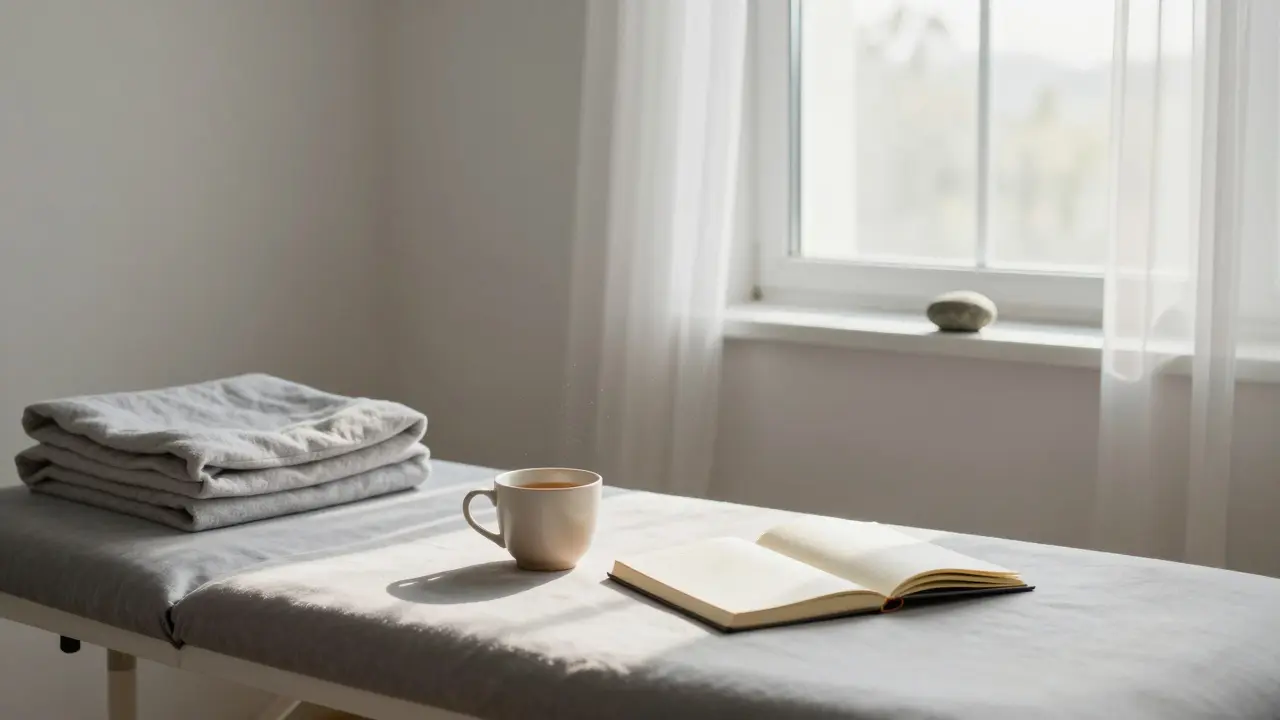 Prázdná místnost s důkazem terapie: deka, šálek čaje, kámen a otevřený deník v ranním světle.