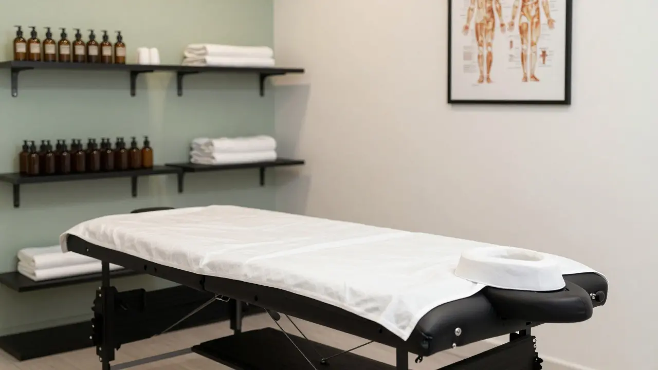 Připravený zákrokový pokoj s masérským stolem a ručníky.