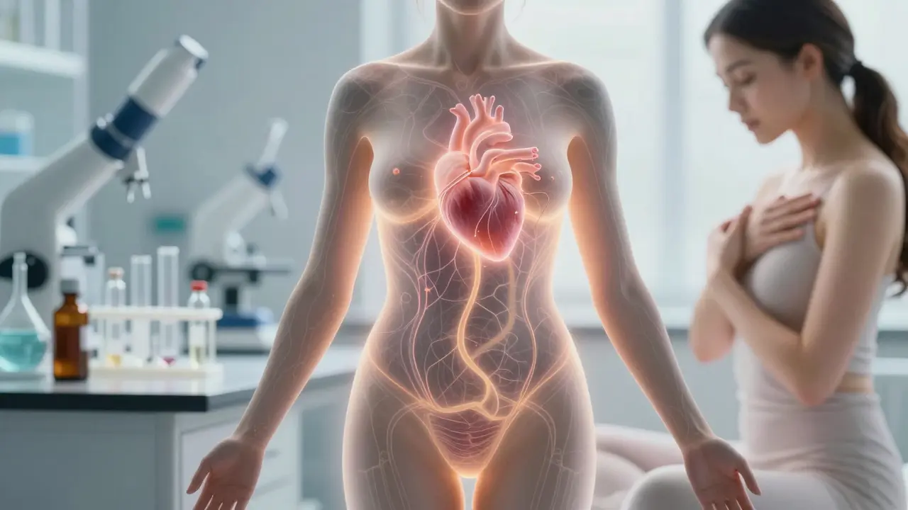 Silueta ženy s energií proudící tělem, spojující hormonální výzkum a meditaci.